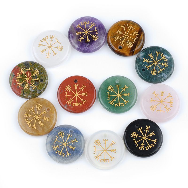 Olho de tigre de ametista natural 30mm símbolo Viking disco pingente marca de direção decoração para casa acessórios pingente