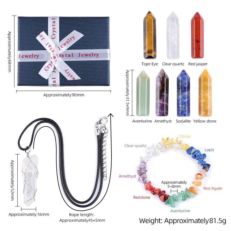 2409 Conjunto de combinação de ágata de pedra semipreciosa de cristal colorido, pedra rolante de ponta dupla, chakra de meditação de ioga de sete veias, caixa de presente correspondente.