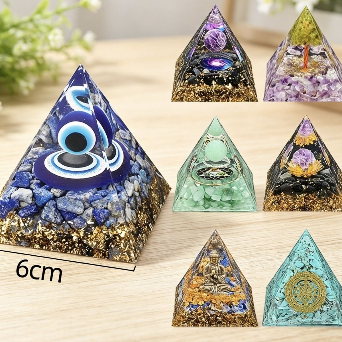 6Cm cristal bola pirâmide ornamento de mesa Chakra Yoga Meditação Resina Yoga Meditação Resina Epóxi
