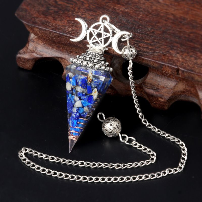 1690-Lua trifásica colorido cascalho resina cristal pedra preciosa hexagonal cone pêndulo, pingente de chakra