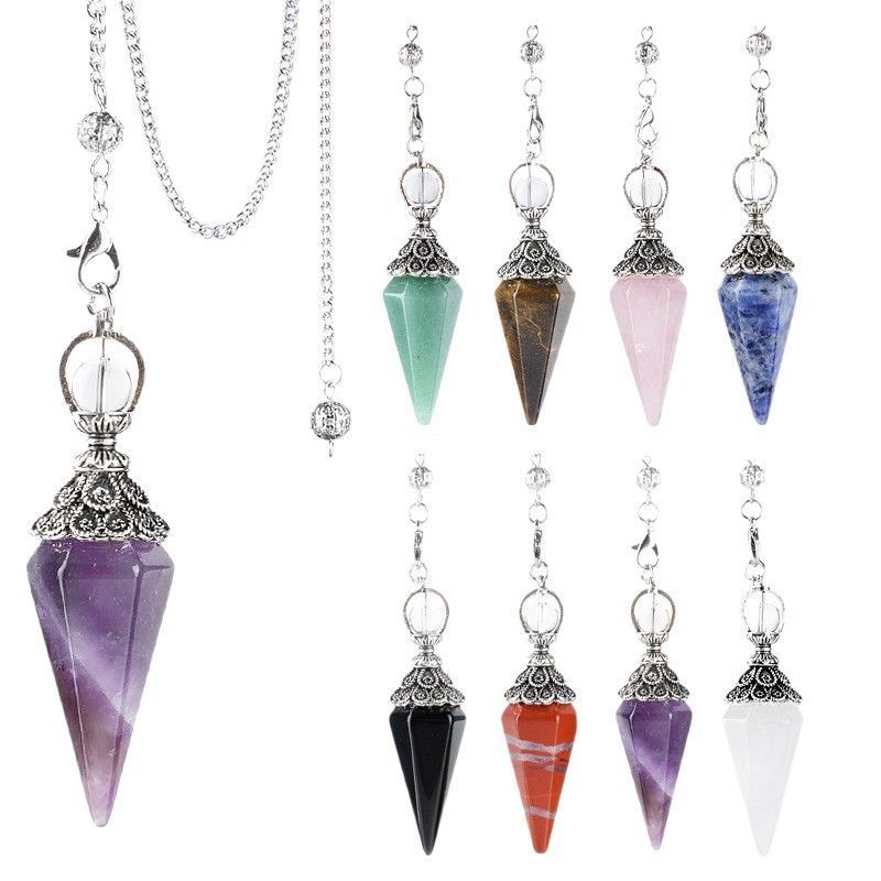 1412 Pingente de pêndulo de cristal natural Receptáculo de prata antiga Yoga Meditação Hexagonal Cone Frequência ajustável Pêndulo de pedra natural