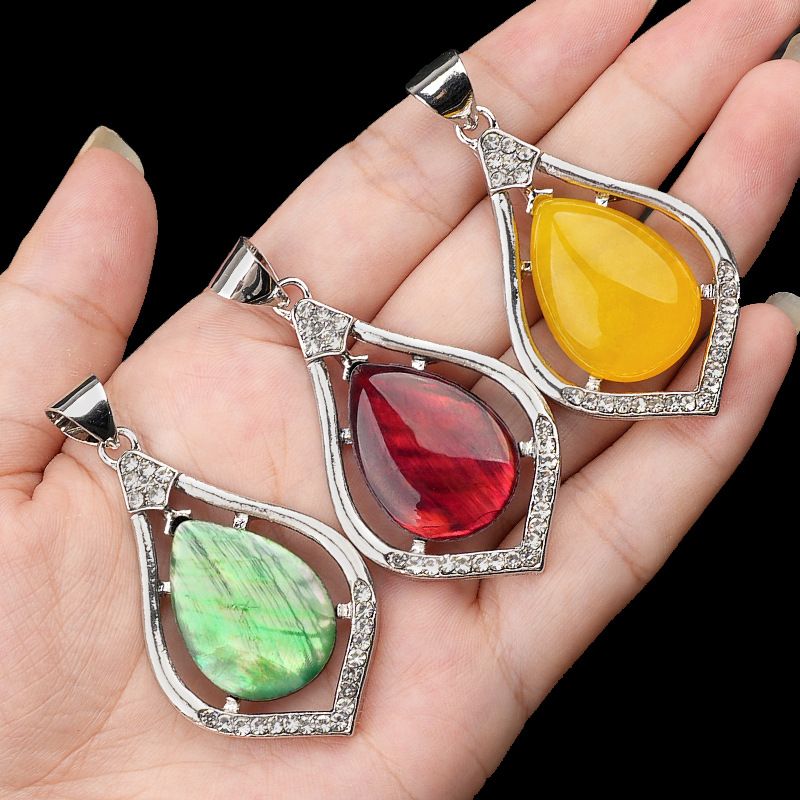 Pingente de gota de água de cabeça de pedra semipreciosa de cristal natural, liga incrustada de pedra preciosa, colar de pingente DIY de concha de abalone.