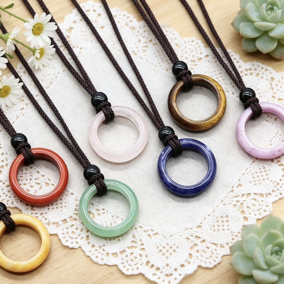 1435-Colar de Anel de Pedra de Cristal Natural Anel de Correr Clavícula Círculo Feminino Colar Simples Jóias