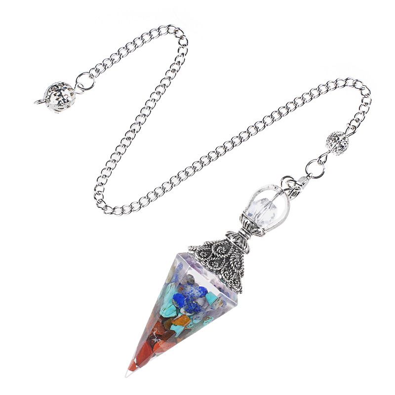 Pêndulo de cristal natural Pêndulo de resina de cone hexagonal de prata antiga envolto em epóxi