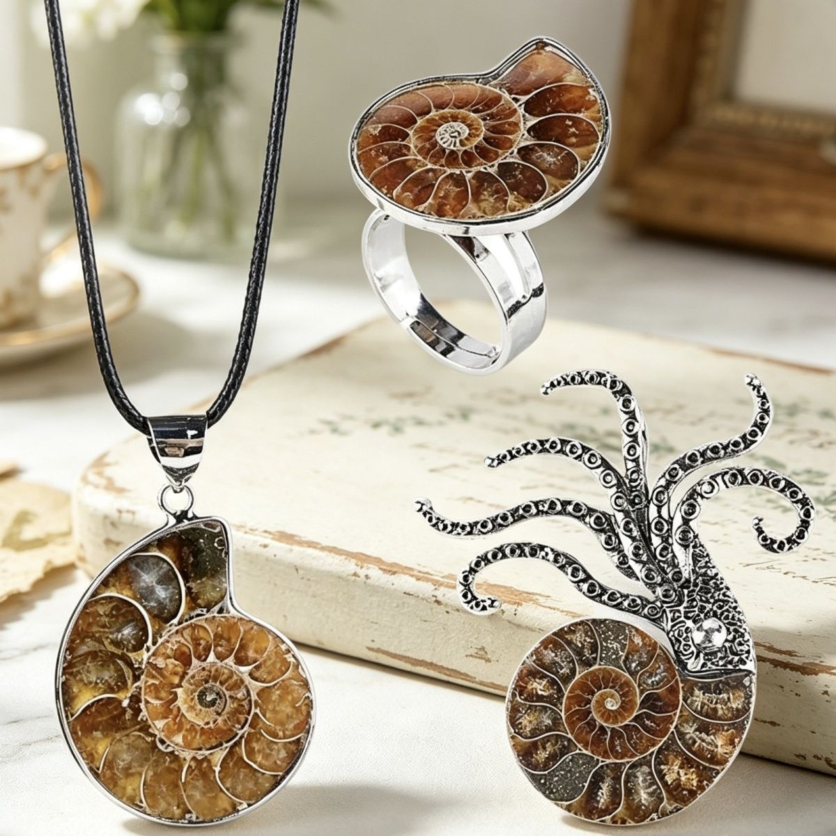 Concha natural fóssil pingente criativo novo prata bainha manchado caracol crisântemo broche colar anel jóias