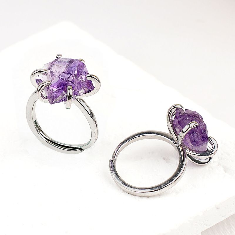 2342-Novo Anel de Ametista Natural Vintage Pedra De Cristal Áspera Suporte De Cobre De Seis Garras Anel Aberto