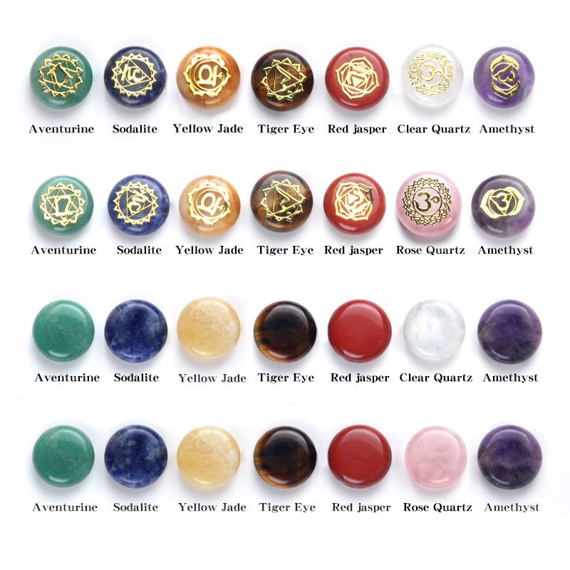 Conjunto de 1631-7 peças, pedra de cristal natural de sete cores, símbolo de reiki de disco de pedra de ioga com sete veias