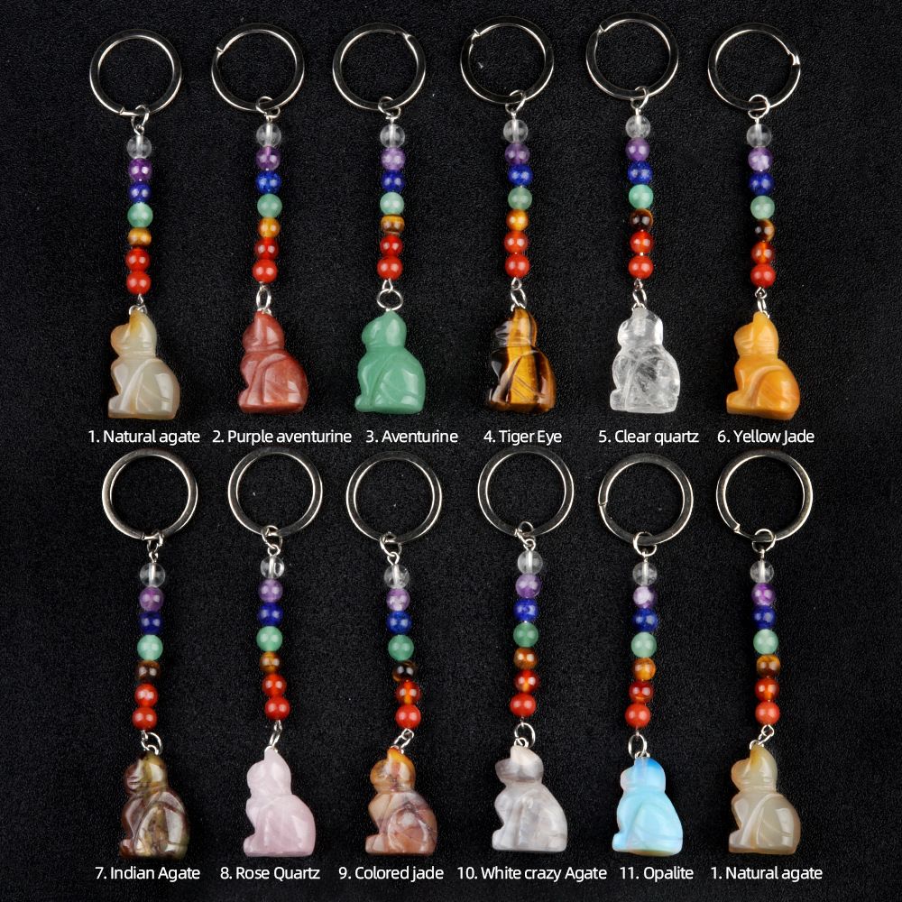 1956-Chaveiro de gatinho de pedra de cristal colorido, pingente de jóias de chakra, pingente de chaveiro de animal pequeno