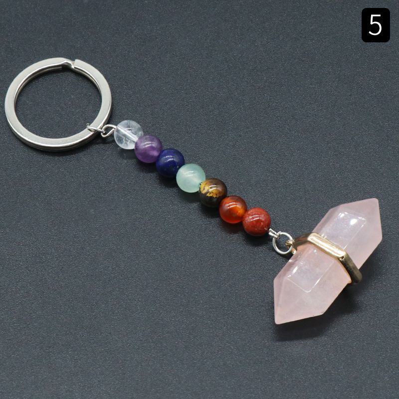 1105-Rose Quartz chaveiro de cristal ágata colorido pedra dupla pontiaguda hexagonal cone pingente chaveiro