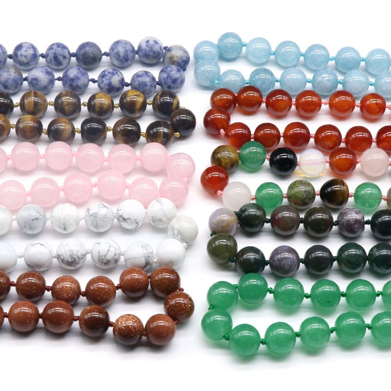 Colar de pedra natural Ágata de cristal Colar de pedra colorida 12mm colar com nó de cordão redondo