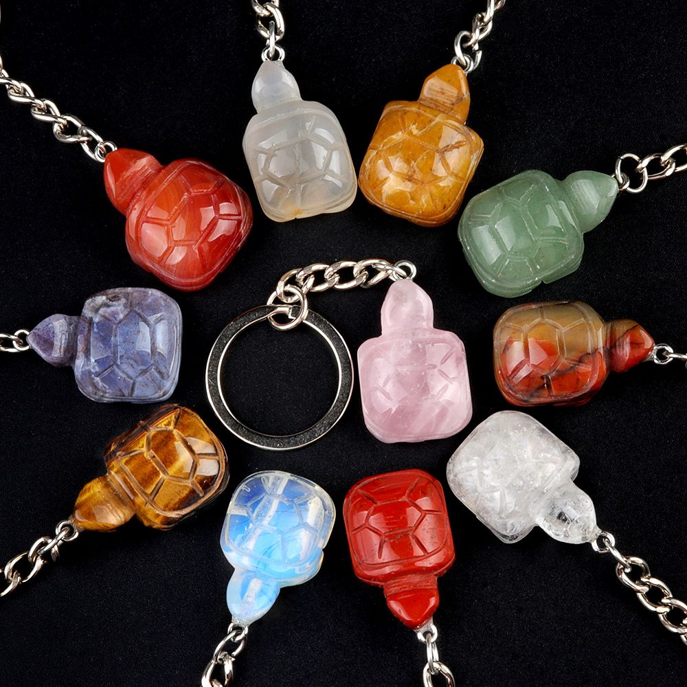 1944-Chaveiro de tartaruga pequena, agate de cristal pingente de chave de animal gravado em pedra semipreciosa