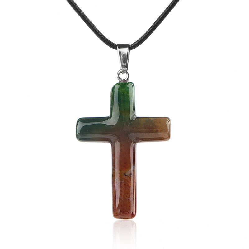 1488 Colar de cruz de cristal natural de 40 mm de venda quente elegante versátil grande pingente de cruz de ágata redonda