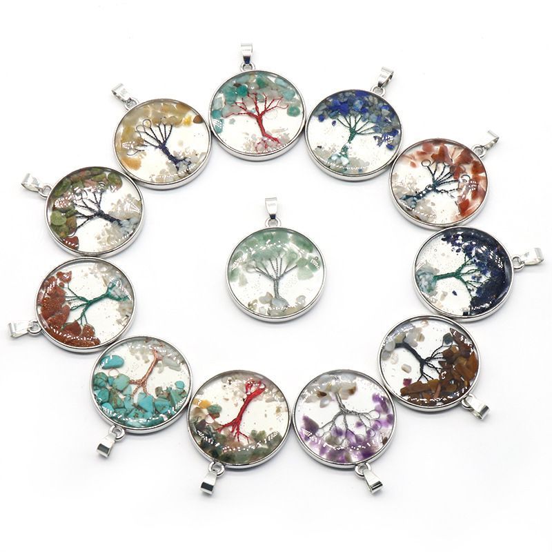 1513-33Mm Árvore da Vida Pingente de Cascalho, Pedra de Cristal Natural Pingente Colorido da Árvore da Vida Pingente de Colar DIY