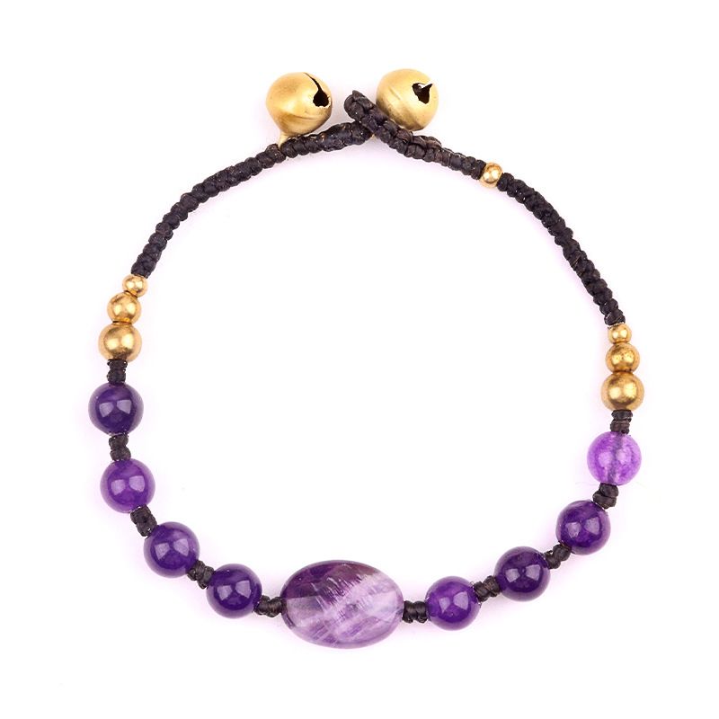 2048-Pulseira trançada de sino de cobre de ametista natural, pedra de olho de tigre em pó de cristal Dongling pulseira oval de jade.