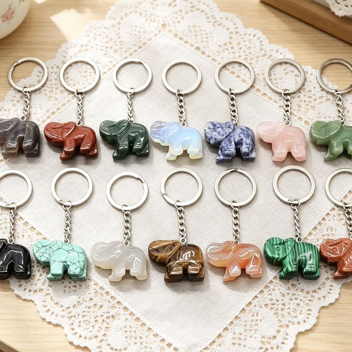 Pingente de chaveiro de elefante com cabeça de ágata de cristal natural, pingente de bolsa de elefante gravada tridimensional.