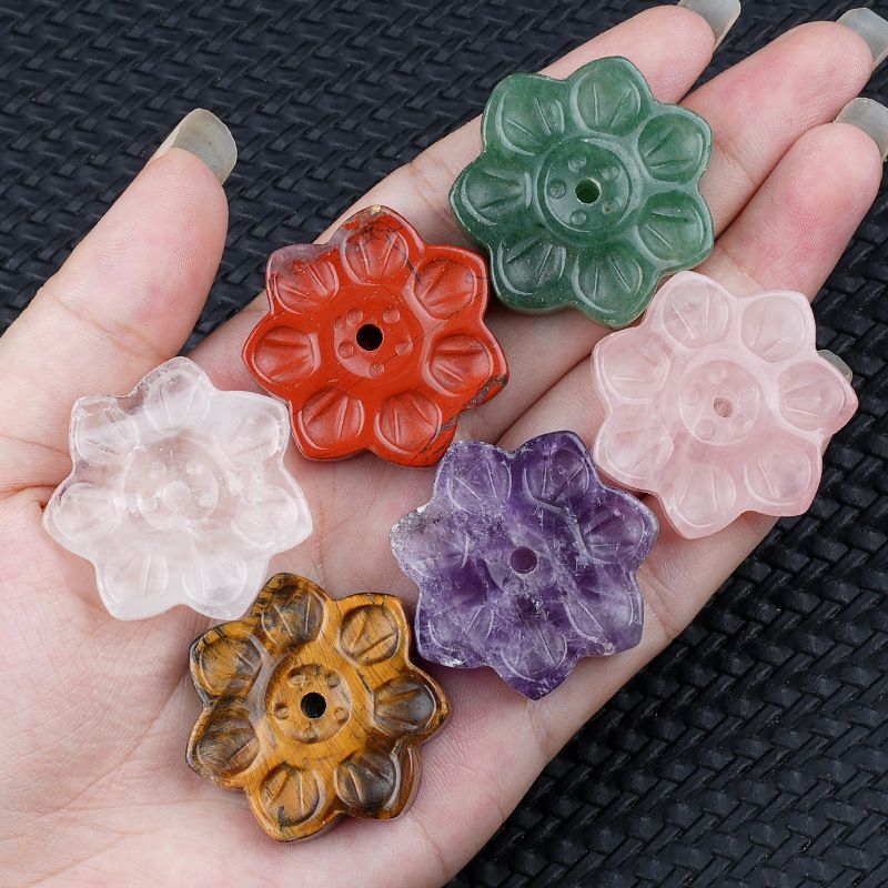 Inserção de incenso de lótus de cristal natural cabeça de pedra semipreciosa, base de suporte de incenso de arame, inserção de queimador de incenso de pedra de olho de tigre de 30 mm