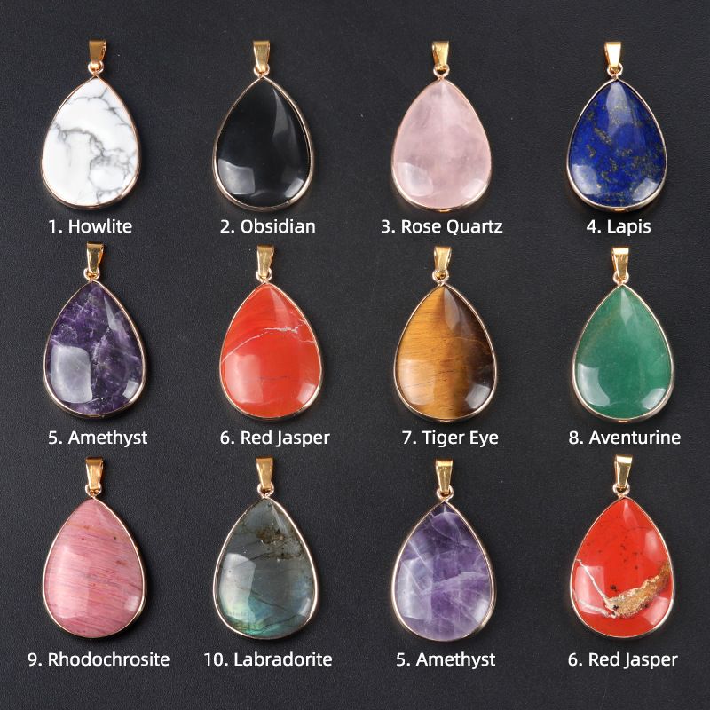1708-25X35 pingente de bainha de gota de água grande, colar de gota de água de cobre de pedra de ágata de cristal natural galvanizado em ouro.