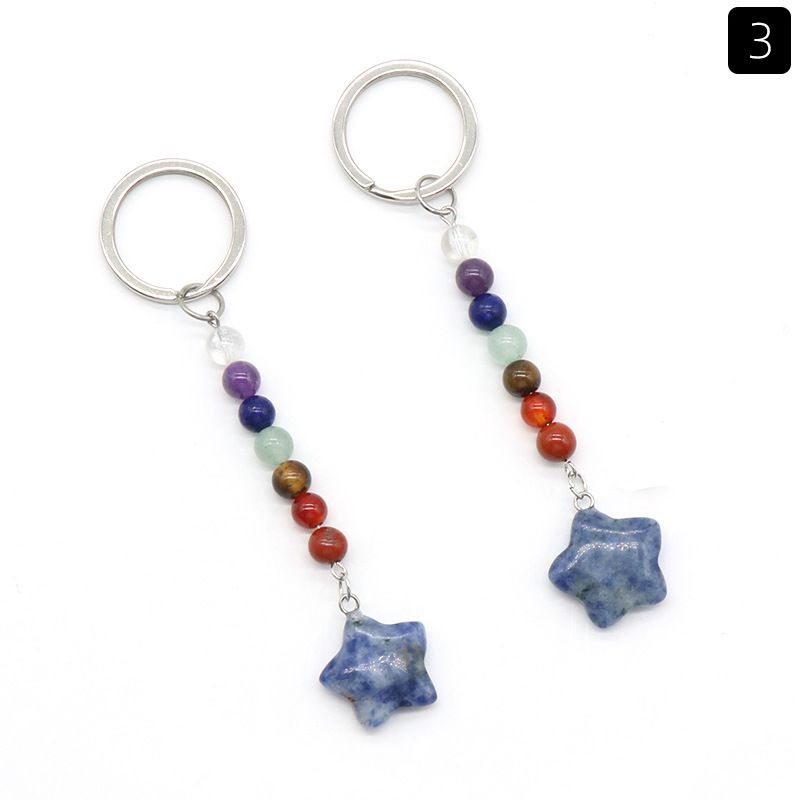 1472-Cristal natural de pedra colorida pentagrama pingente de chave de jóias pingente de bagagem DIY chaveiro