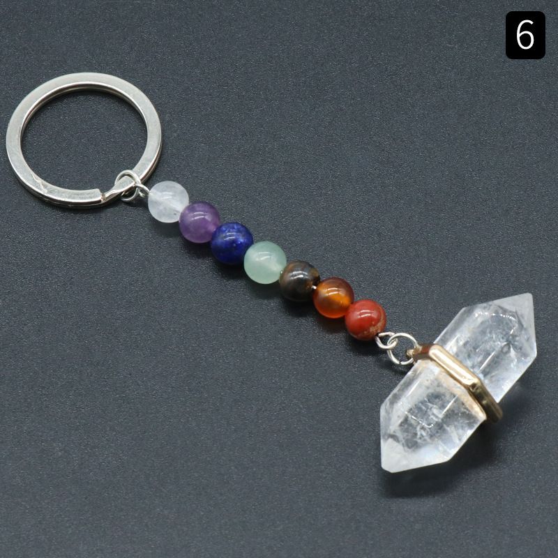 1105-Rose Quartz chaveiro de cristal ágata colorido pedra dupla pontiaguda hexagonal cone pingente chaveiro