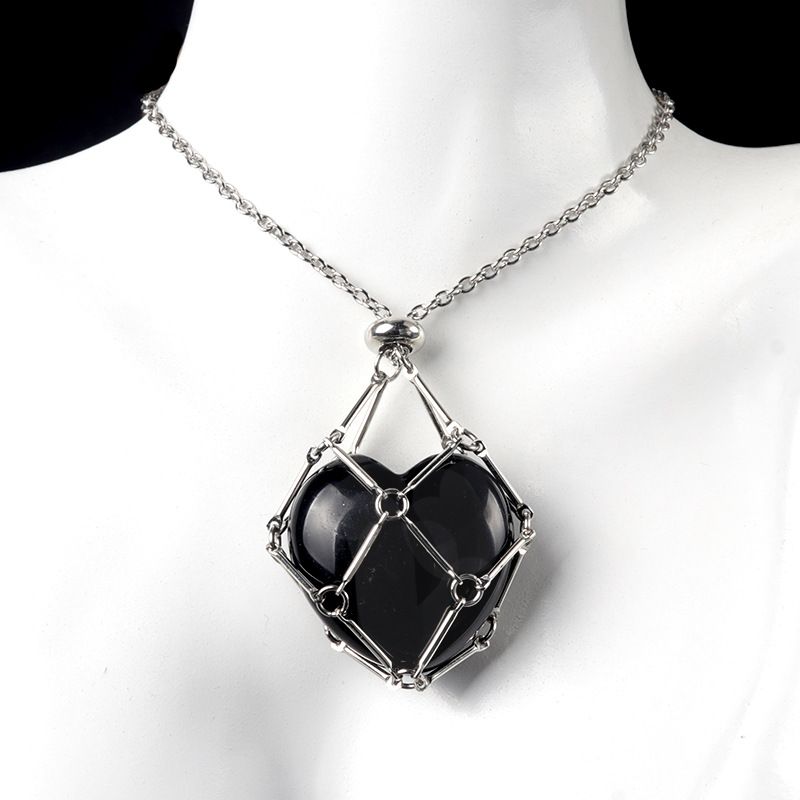 1737-Corrente de aço inoxidável de pedra de amor de ágata de cristal natural, pingente de bolso de malha de coração de bambu de metal