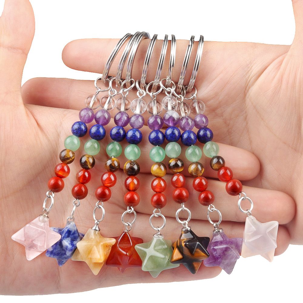1937-Pedra colorida de cristal natural ágata Kaba chaveiro estrela, pingente de hexagrama tridimensional Merkaba.