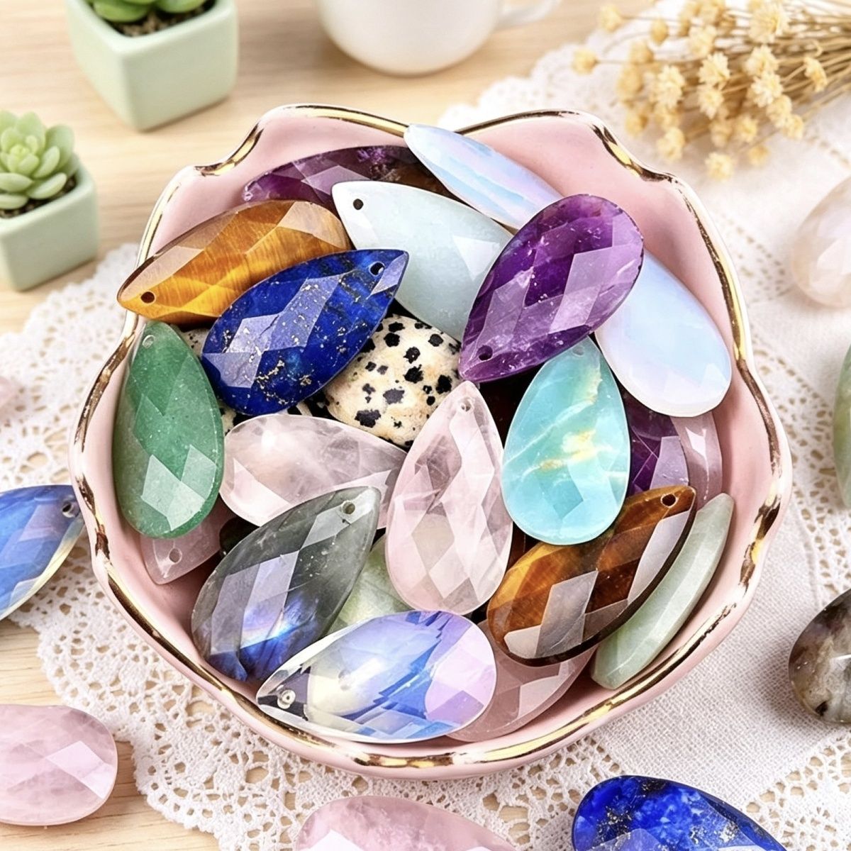 2062-Natural pó cristal ametista gota de água corte rosto DIY colar brincos pingente jóias pingente acessórios