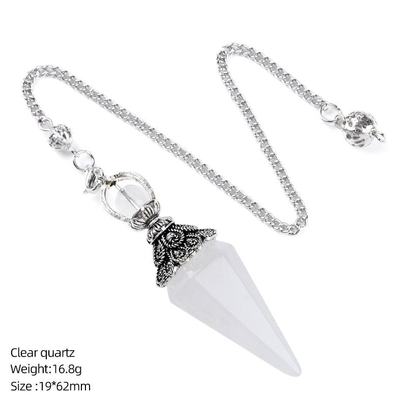 1412 Pingente de pêndulo de cristal natural Receptáculo de prata antiga Yoga Meditação Hexagonal Cone Frequência ajustável Pêndulo de pedra natural
