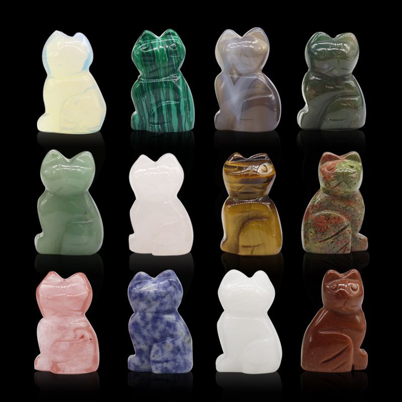 Ágata de cristal pedra semipreciosa, gato gravado 1,3 polegadas animal gravado 12 ornamentos de cores mistas
