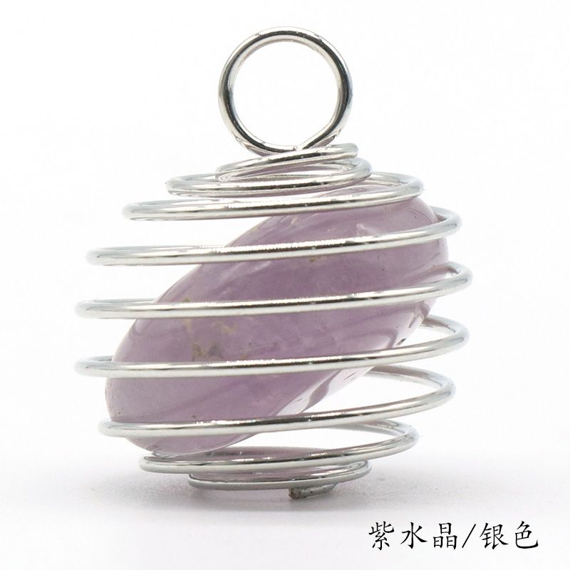 1069-Pingente de mola de enrolamento de fio de cobre de pedra semipreciosa de cristal natural, ágata verde Colar de ametista de cristal em pó Dongling