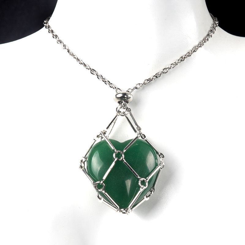 1737-Corrente de aço inoxidável de pedra de amor de ágata de cristal natural, pingente de bolso de malha de coração de bambu de metal