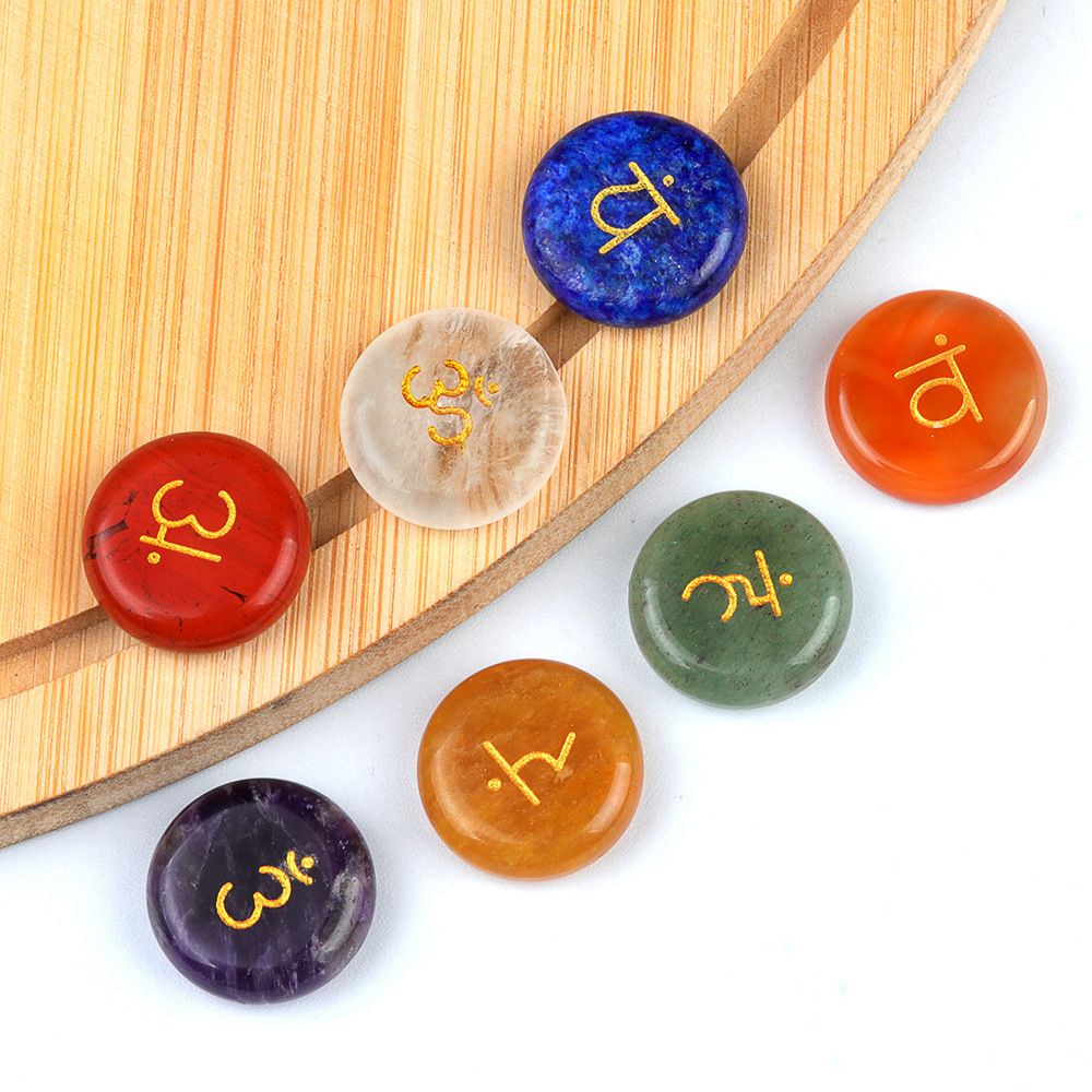 1783-Sete chakras cristal de ágata natural 20mm redondo sete veias símbolo de ioga 7 peças