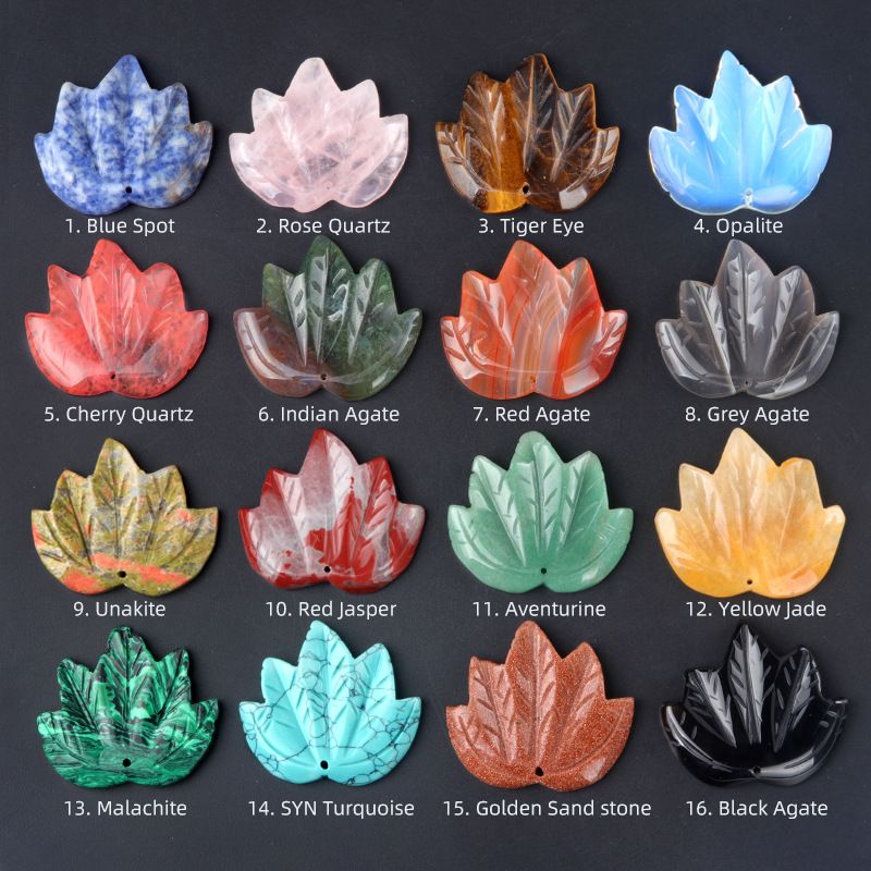 1689-Colar de folha de bordo canadense de pedra de cristal natural, colar de folha de cristal em pó de olho de tigre
