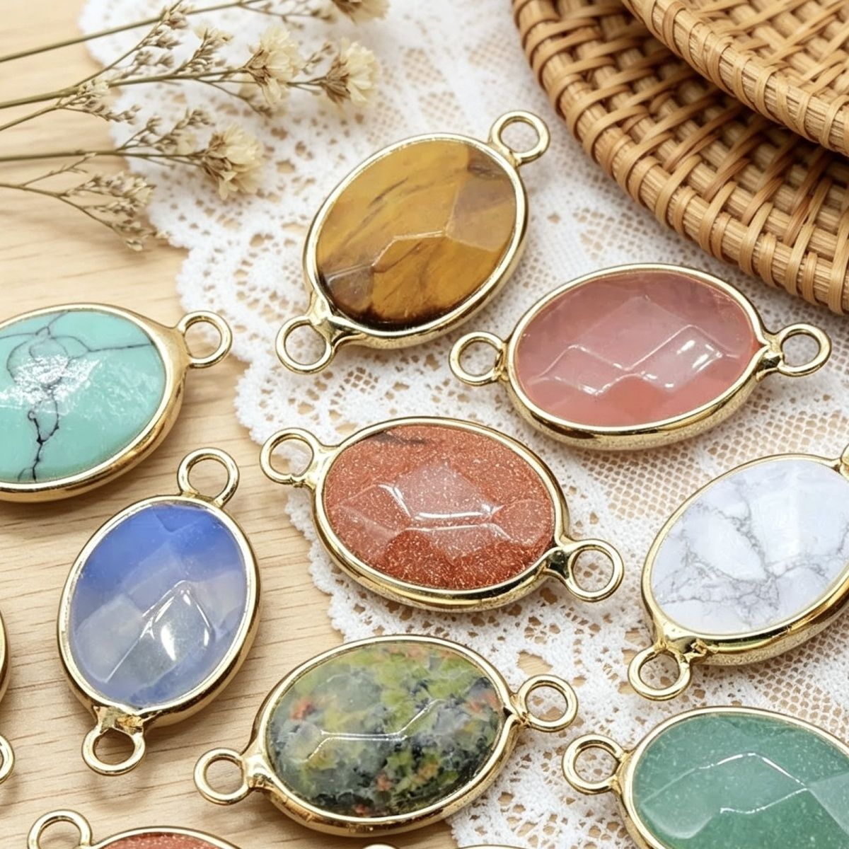 1379-Pingente de seção de bainha oval de ágata de cristal natural colar colar de furo duplo acessórios pulseira módulo