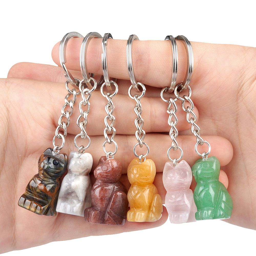 1943-Gravado gatinho chaveiro, pedra de cristal gravado animal pingente chaveiro