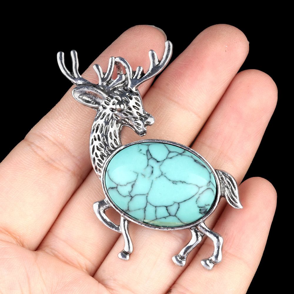 1934-Pingente de broche de alce de pedra semipreciosa incrustada em liga de cristal natural Alfinete de moda europeu e americano