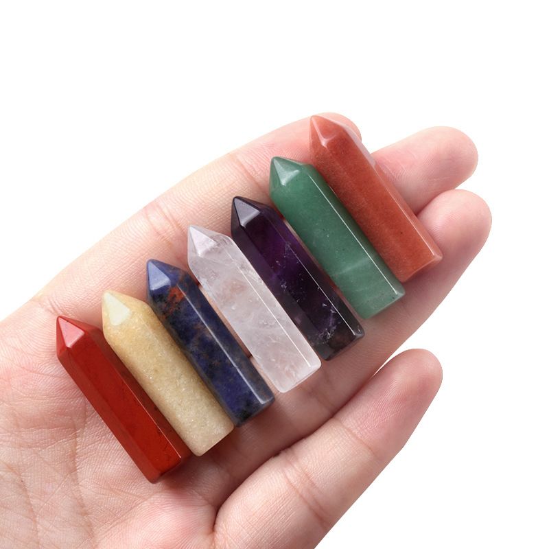 1629-Sete veios coluna hexagonal pontiaguda simples 7 pcs um pacote de pedra de cristal natural 32mm conjunto de coluna hexagonal de pedra colorida