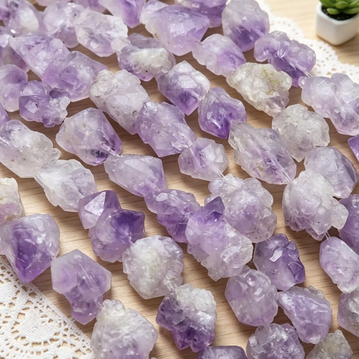 Pedra áspera de cristal único de ametista orifício reto contas soltas, orifício vertical dentes de ametista de lavanda, flores de ametista