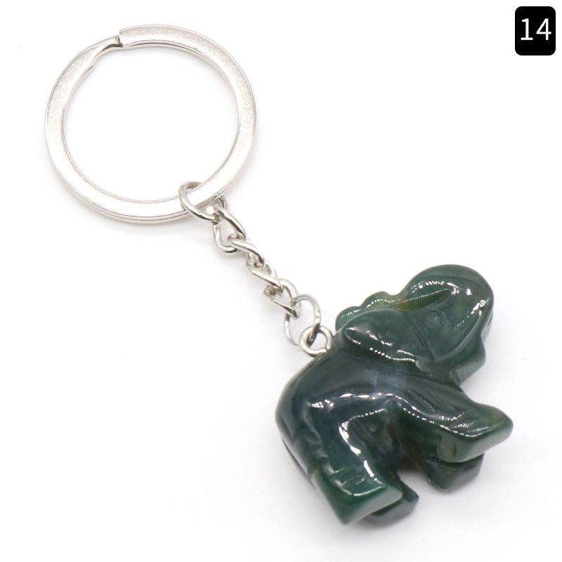 Pingente de chaveiro de elefante com cabeça de ágata de cristal natural, pingente de bolsa de elefante gravada tridimensional.
