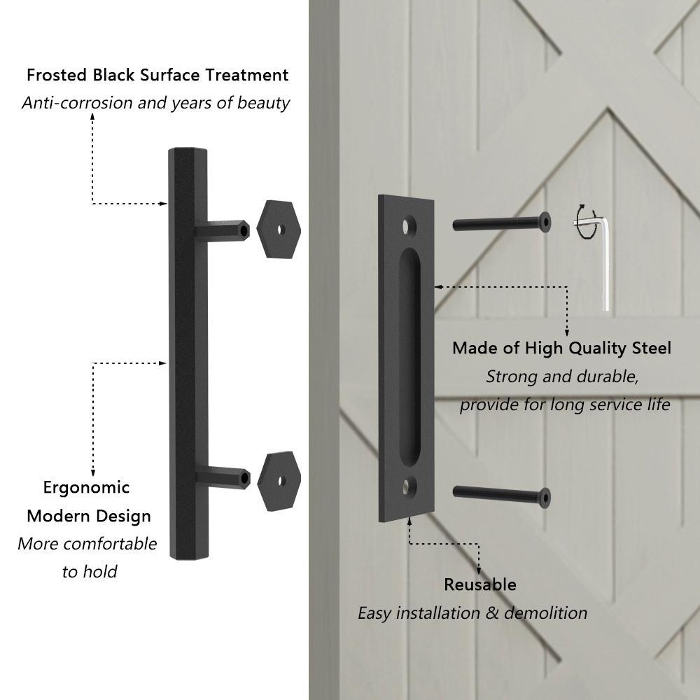 10 in. Black Hexagon Pull and Flush Sliding Barn Door Handle Set