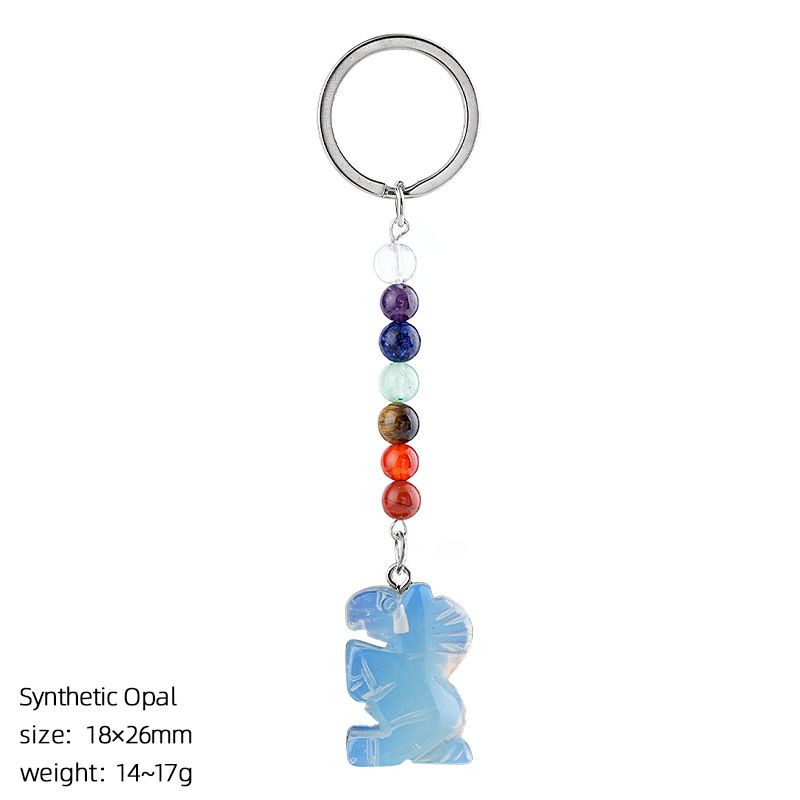 Chaveiro de pônei de jade natural, acessórios de chakra de contas redondas coloridas, pingente de pônei de ágata de cristal gravado.