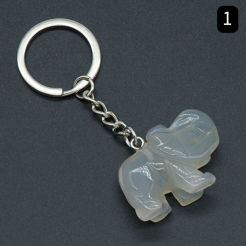 Pingente de chaveiro de elefante com cabeça de ágata de cristal natural, pingente de bolsa de elefante gravada tridimensional.