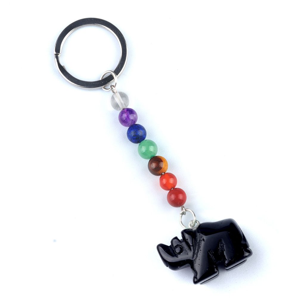 1960-Chaveiro de rinoceronte de pedra de cristal colorido, pingente de jóias de chakra, pingente de chaveiro de animal pequeno