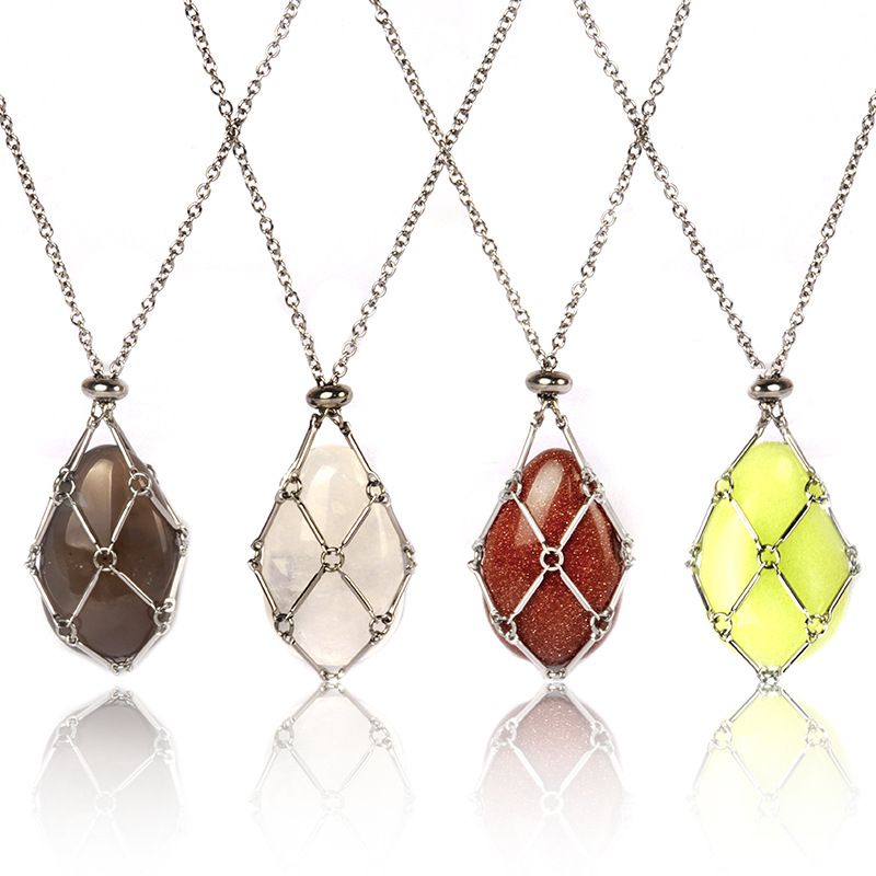 1720-Corrente de mão de aço inoxidável tecido malha colar de bolso de pedra de ágata cristal pingente de gota de água pode ser substituído por pedra bruta
