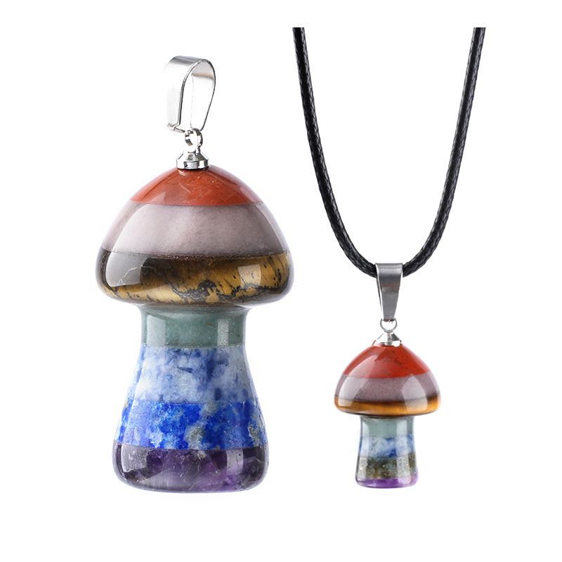Pingente de cogumelo de cristal natural colorido Chakra de emenda de pedra preciosa de ágata de sete cores pequeno colar de cogumelo