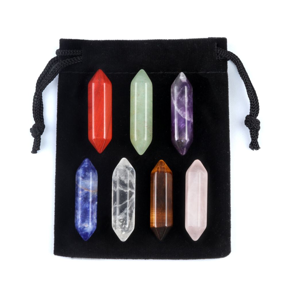 1629-Sete veios coluna hexagonal pontiaguda simples 7 pcs um pacote de pedra de cristal natural 32mm conjunto de coluna hexagonal de pedra colorida