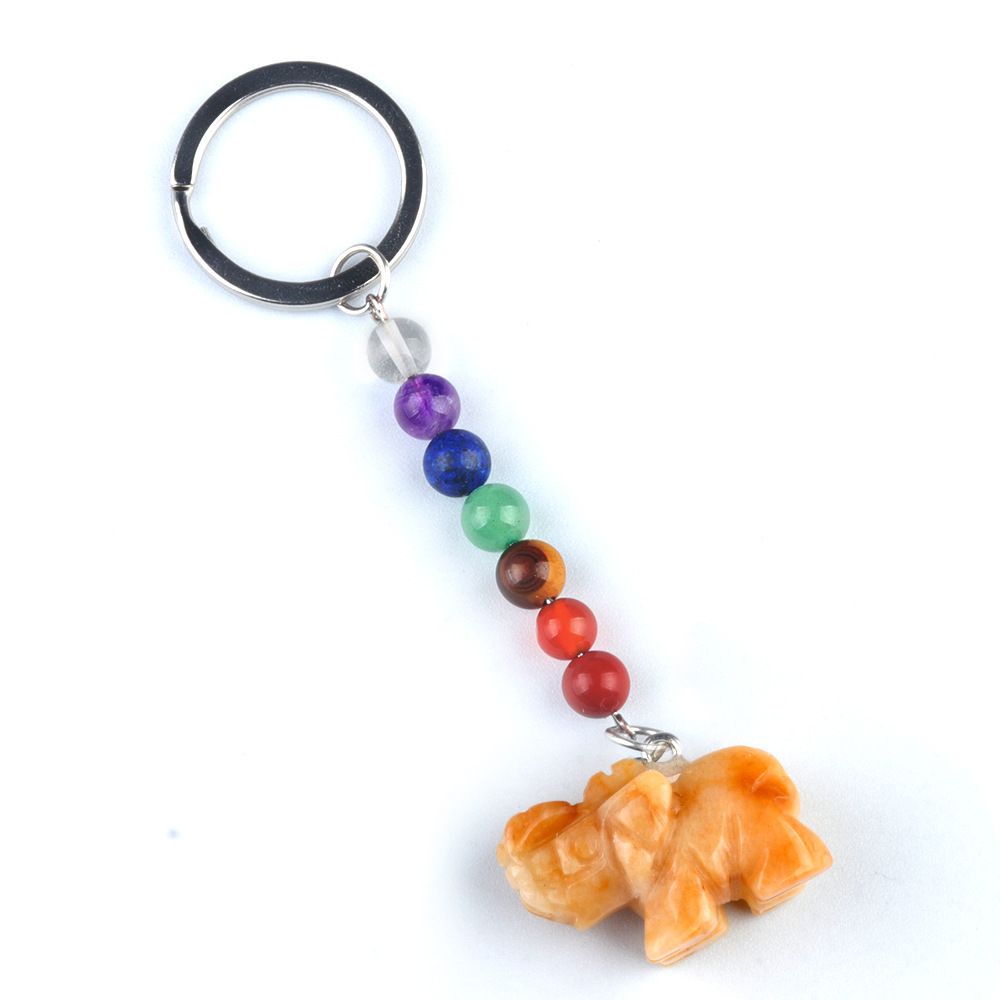 Chaveiro de elefante de pedra de cristal colorido, pingente de jóias de chakra, pingente de chaveiro de animal pequeno.