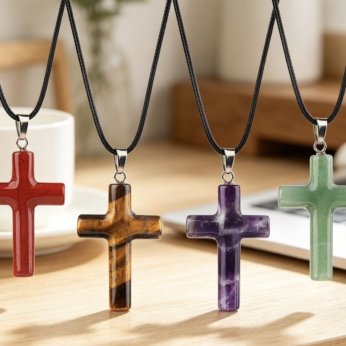 1488 Colar de cruz de cristal natural de 40 mm de venda quente elegante versátil grande pingente de cruz de ágata redonda