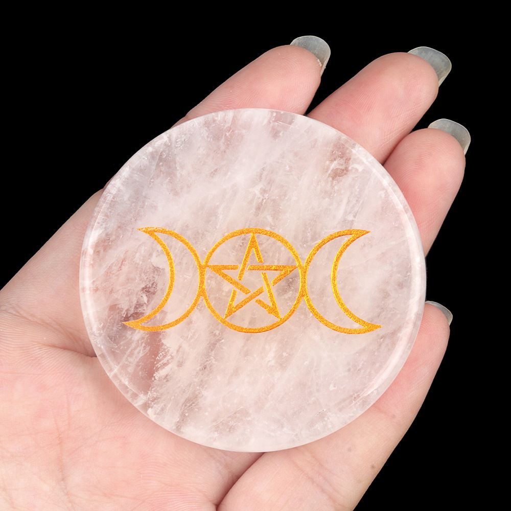 1921-Cristal branco 55mm redondo plano gravura árvore da vida estrelas lua pedra almofada enfeite de artesanato DIY