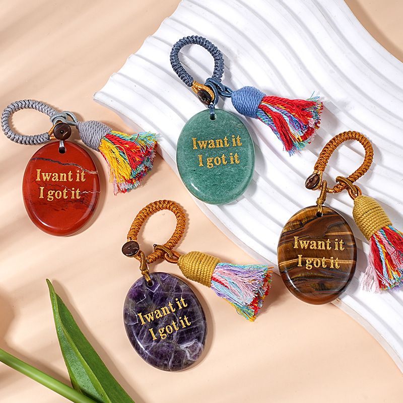 2454 Chaveiro de pedra de cristal natural com letras de ágata pingente de carro, pingente de bolsa de pedra mindfulness.