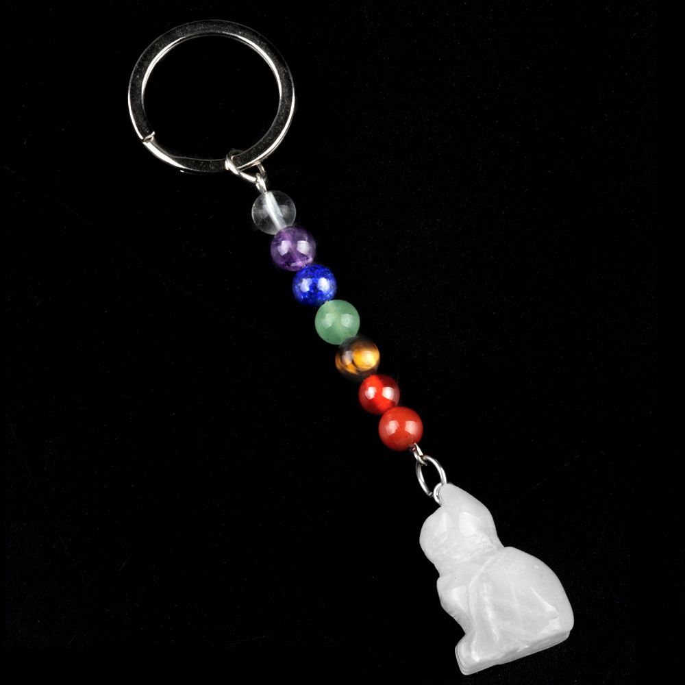 1956-Chaveiro de gatinho de pedra de cristal colorido, pingente de jóias de chakra, pingente de chaveiro de animal pequeno